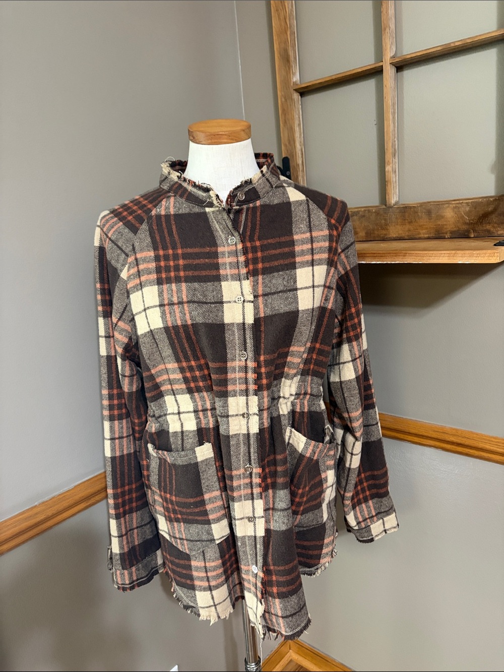 Mazik Brown & Cream Plaid Button-Front jacket with waist tie size medium